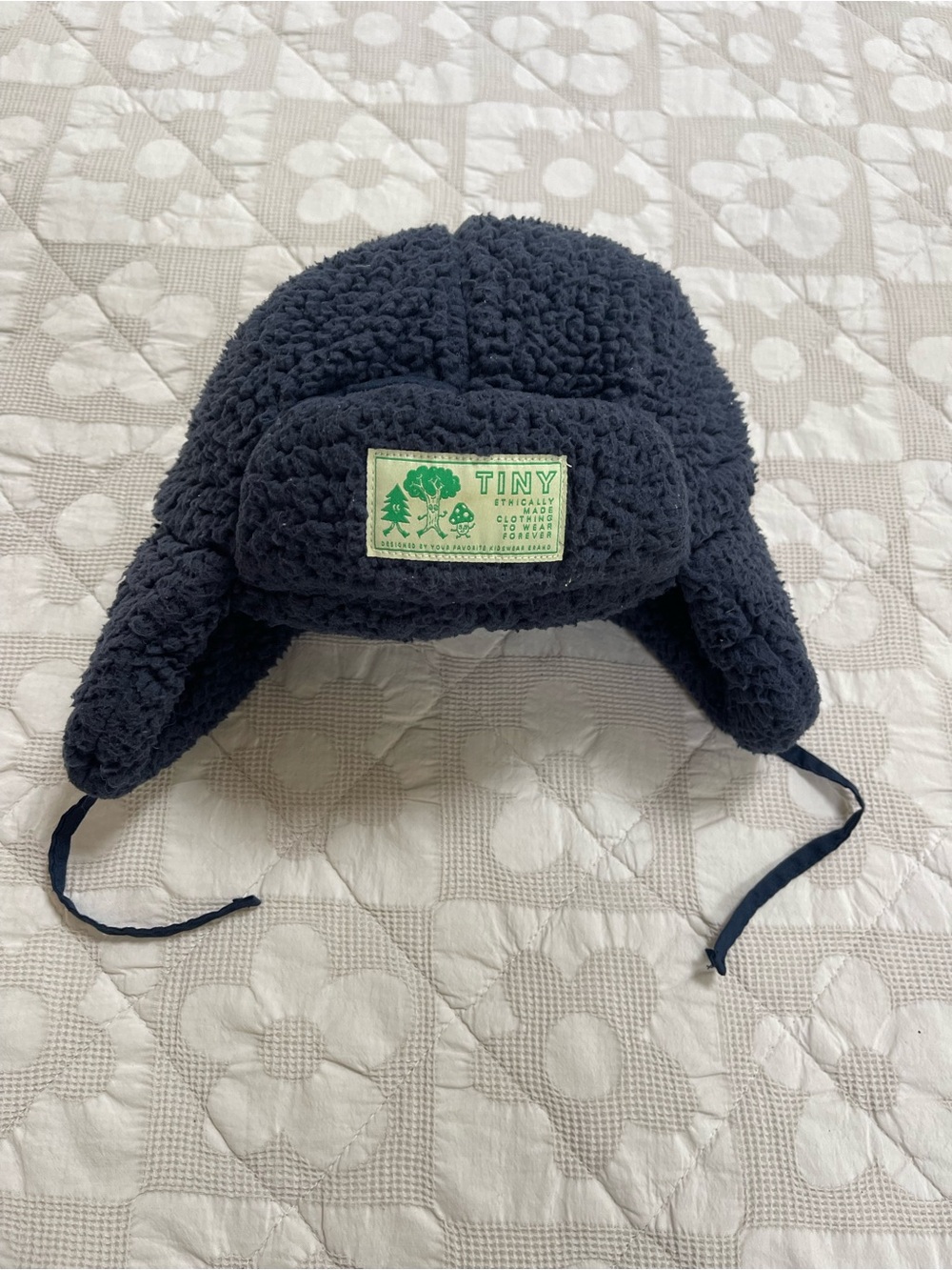 Kids Tiny Cottons Plush Trapper Hat in Dark Navy with Patch label